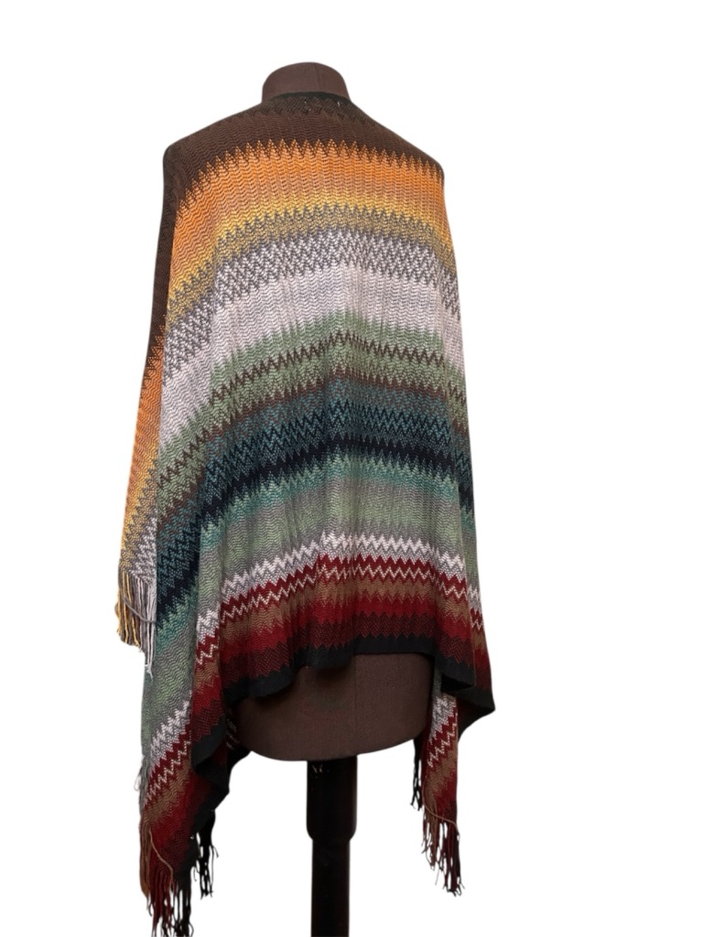 Multicolor Zigzag Knit Fringe Poncho Sweater - Super Soft